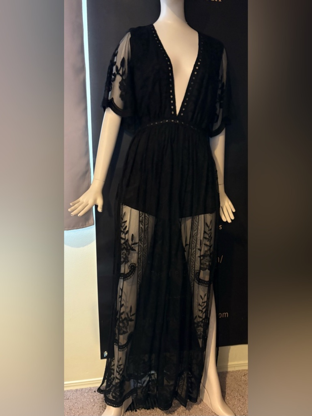 Honey Punch Black Sheer Lace Maxi Dress with Embroidered Panels